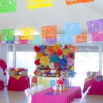 Quinceanera party, a room filled with lots of colorful decorations