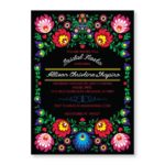 Quinceanera invitation, a black invitation with colorful flowers on it