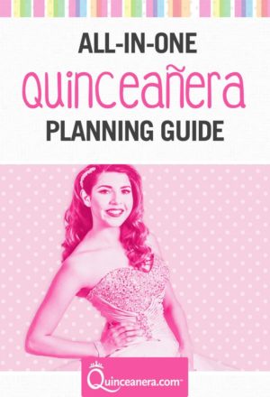 A beautiful Quinceañera woman wearing a pink dress with a polka dot background
