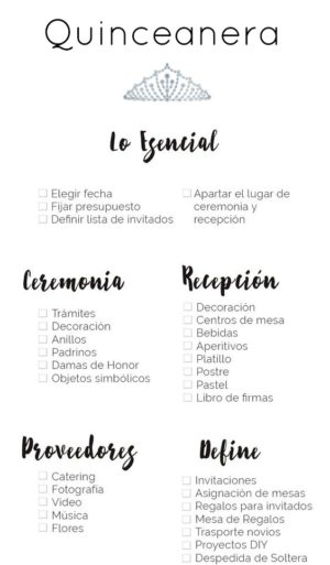 A checklist for a Quinceanera with the words quinceanera written on it. Includes items needed for a Quinceanera celebration.