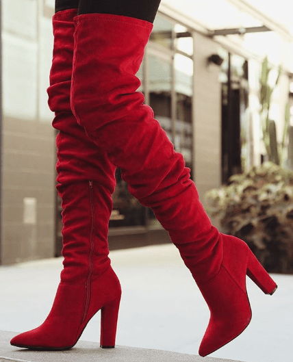 Quinceanera image of a person wearing red boots, a close up of high-heeled footwear