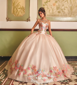 A woman wearing a pink embroidered Quinceanera dress posing for a picture in a ball gown