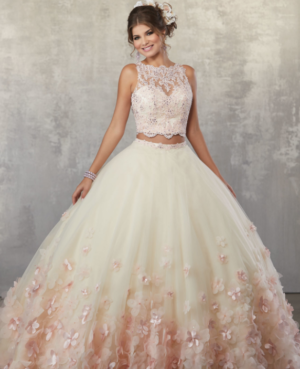 Cute dresses for a Quinceanera, featuring a woman in a Quinceanera dress and a bride in a wedding dress posing for a picture