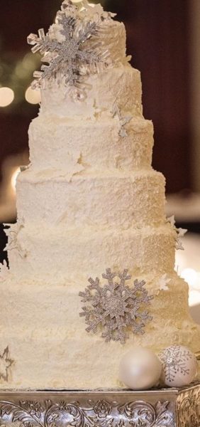 Quinceanera cake, a white cake with snowflakes on top