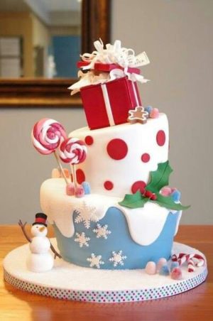 A beautiful Quinceanera cake with three tiers. The top tier features a snowman topper.