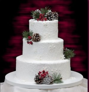 A Quinceanera cake with three tiers adorned with pine cones and berries
