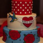 A Quinceanera cake featuring three tiers adorned with red roses and a heart, covered in buttercream frosting