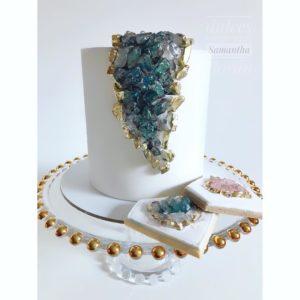 An image of a Quinceanera celebration featuring a young woman dressed in a turquoise gown with matching jewelry. In the background, there is a white cake adorned with blue and gold accents.
