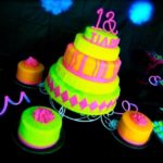 A Quinceanera birthday cake for girls with neon Cupcake decorations. The cake is surrounded by cupcakes on a table.