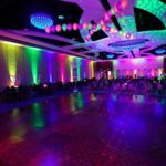 Quinceanera in neon nights prom theme Party, a large room with a dance floor and a chandelier
