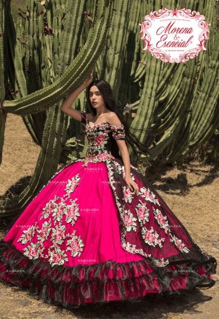 Quinceañera dress creation, a woman in a pink and black dress standing in front of a cactus, vestidos charros rosas