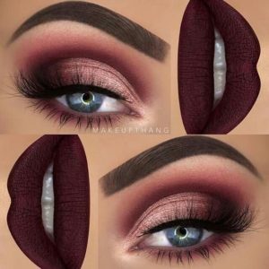 A collage of photos of a woman's eyes with burgundy makeup for Quinceanera Eyeshadow