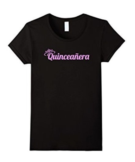 A black T-shirt with the word 'quinceanera' in a stylish font