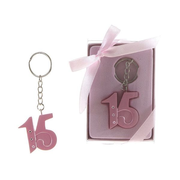 A pink keychain with a pink ribbon around it, available on Amazon.com for Quinceanera.