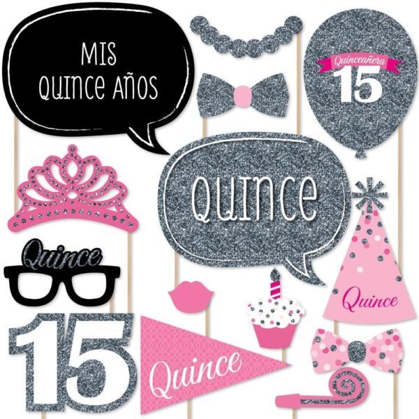 Quinceanera photo booth props by Big Dot of Happiness, featuring a set of sweet 16 birthday props with a speech bubble