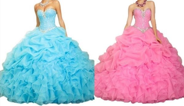 Two quinceañera gowns, one in a beautiful blue color and the other in a vibrant pink color