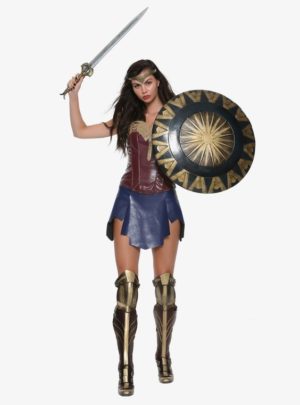 Wonder Woman, a woman in a Quinceanera costume holding a sword and shield