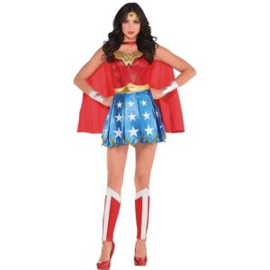 A woman wearing a Wonder Woman costume at a Quinceanera.