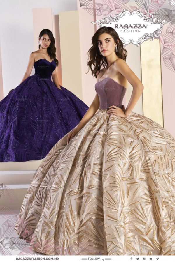 A beautiful woman in a purple and gold Quinceañera gown