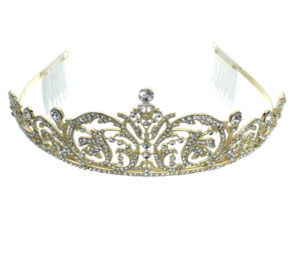 A Quinceanera headpiece with a crystal center, tied with jewelry, on a white background
