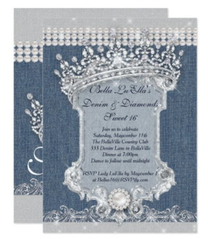 A Quinceanera invitation with a denim and diamond background, featuring a blue and white design with pearls.