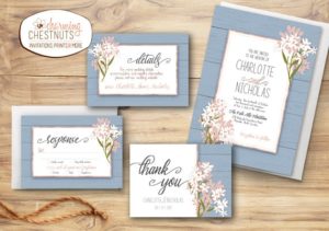 Quinceanera invitation, a set of four blue and white Quinceanera invitations