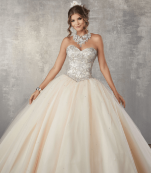 A woman in a Quinceañera dress with embellishments, posing for a picture in a ball gown