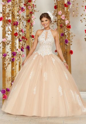 A woman in a ball gown standing in front of flowers, wearing a beautiful Quinceañera dress