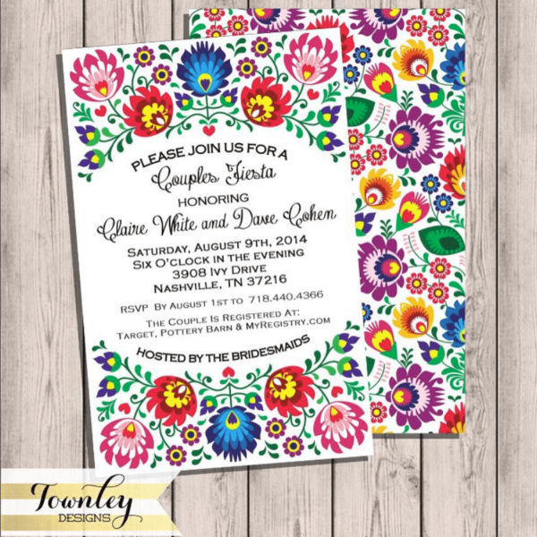 Quinceanera Invitation, a colorful floral invitation on a wooden background with tacos and tequilas
