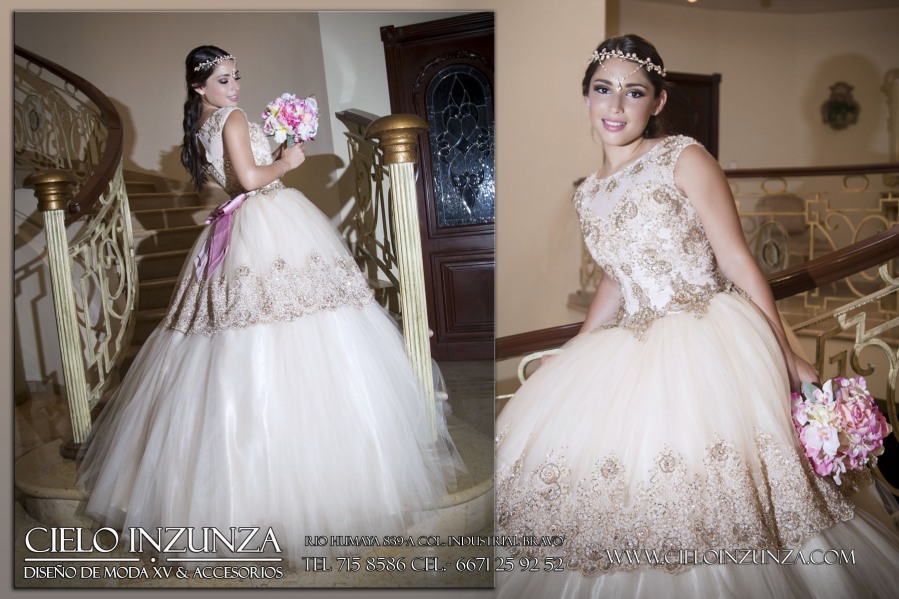 A woman in a Quinceanera gown posing for a picture