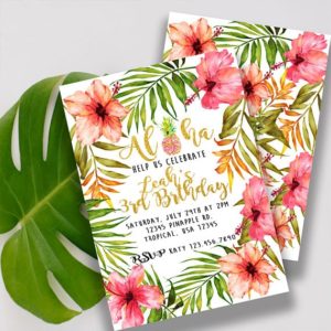 A tropical Quincea&ntilde;era birthday invitation with pink flowers and green leaves