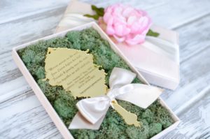 A Quinceanera-themed image featuring a box of moss with a pink rose in it, surrounded by leaf vegetables and representing vegetarian cuisine.