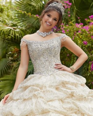 A woman in a Quinceanera ball gown posing for a picture