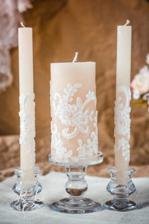 Quinceanera Unity Candle Set, three white candles sitting on top of a table