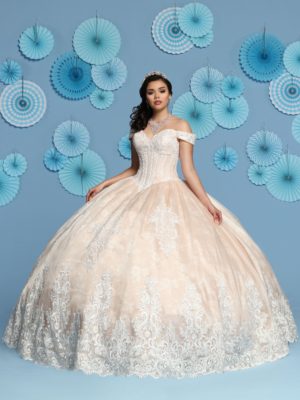 Aqua blue and gold Quinceanera dresses. Quinceañera dresses, a woman in a ball gown standing in front of a wall of fans.
