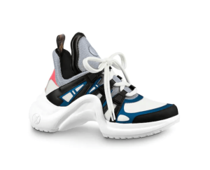 Louis Vuitton white and blue sneakers on a white surface, Quinceanera