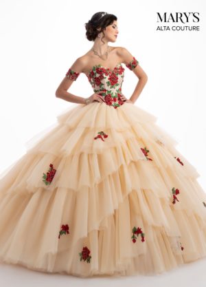 Quinceanera gown, a woman in a ball gown posing for a picture
