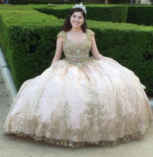 A woman in a Quinceanera gown sitting in a garden