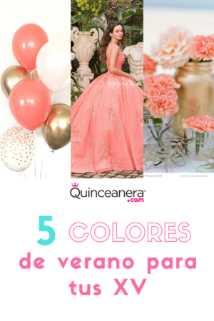 A collage of photos showcasing a peach Quinceañera dress creation, featuring a woman wearing a pink dress.