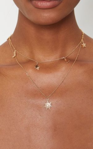 Quinceanera: A woman wearing a gold necklace with stars and moon charms