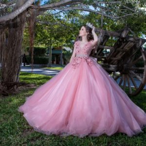 Quinceanera gown, a woman in a pink dress standing in front of a horse drawn carriage