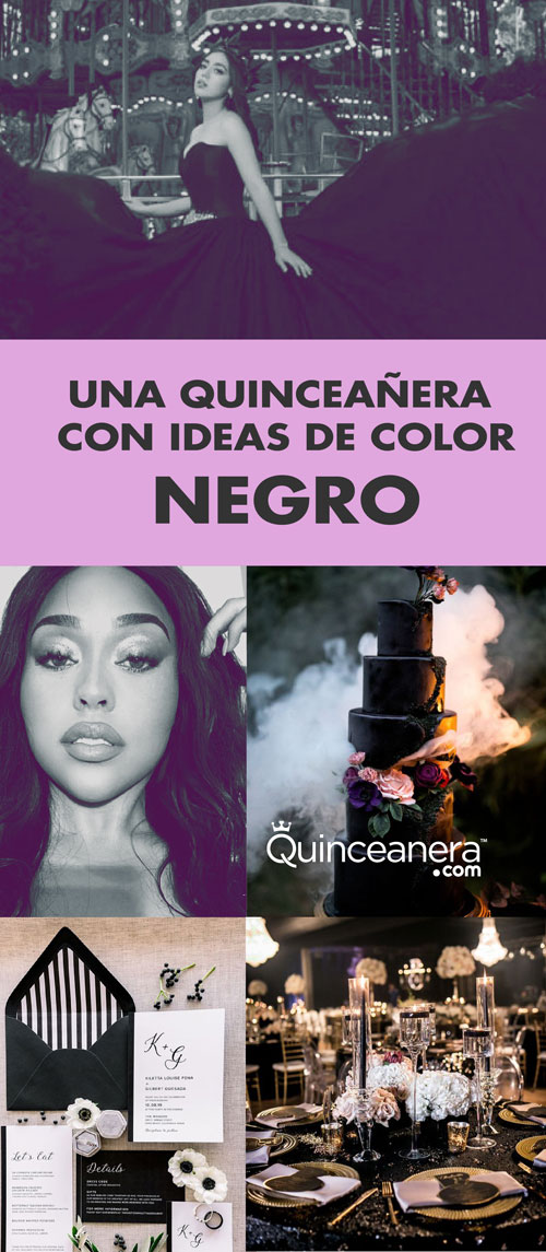 A collage of black and white Quinceañera dresses and photos