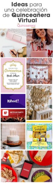 A collage of pictures of food and drinks for a Quinceañera celebration