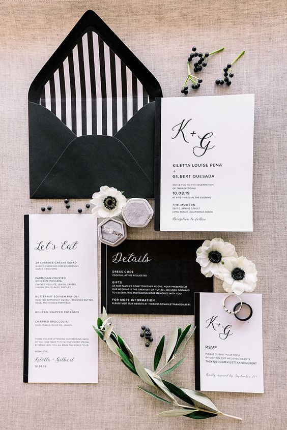 Quinceanera invitation, a black and white suite with black and white flowers