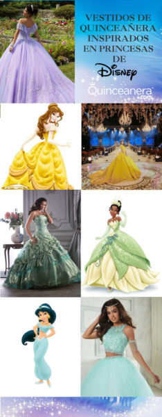A collage of Quinceañera dresses inspired by Disney princesses