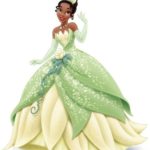 Quinceanera-themed image of Disney Princess Tiana, from the movie The Princess and the Frog, wearing a beautiful green dress